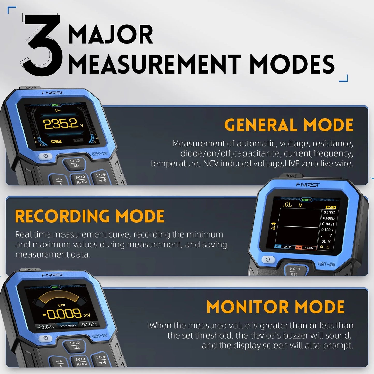 FNIRSI DMT-99 Digital DMM 9999 Counts Smart Professional Tester 1000V 10A True RMS Auto Range AC DC Ohm Hz Capacitance