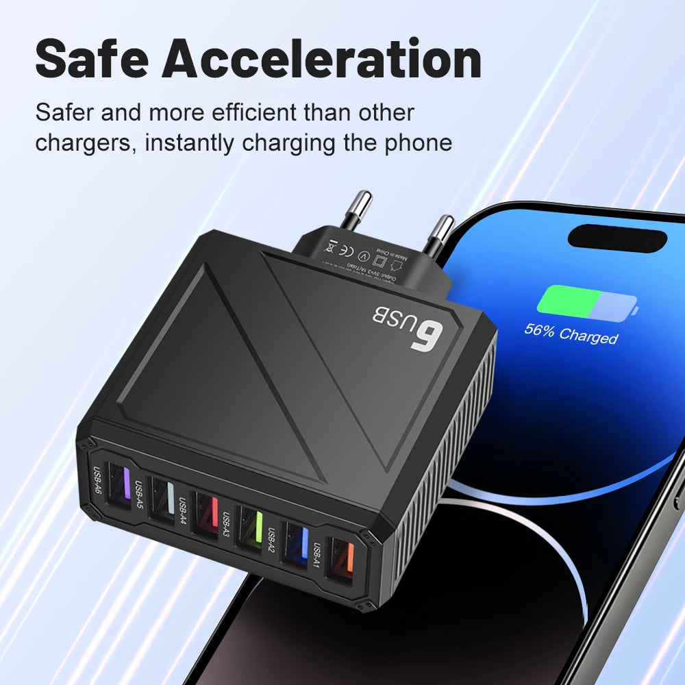 6Ports USB Charger 3.1A Fast Charging QC3.0 Travel Charger For iPhone 15 14 Samsung Xiaomi Mobile Phone Adapter EU US UK KR Plug