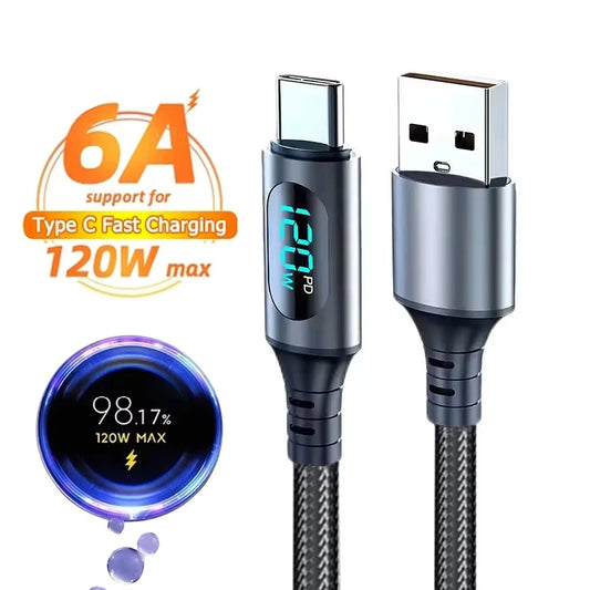 120W Type C Fast Charging Cable 6A USBA to Type C Nylon Data Cord for Xiaomi POCO Samsung With Led Digital Display USB C Cable