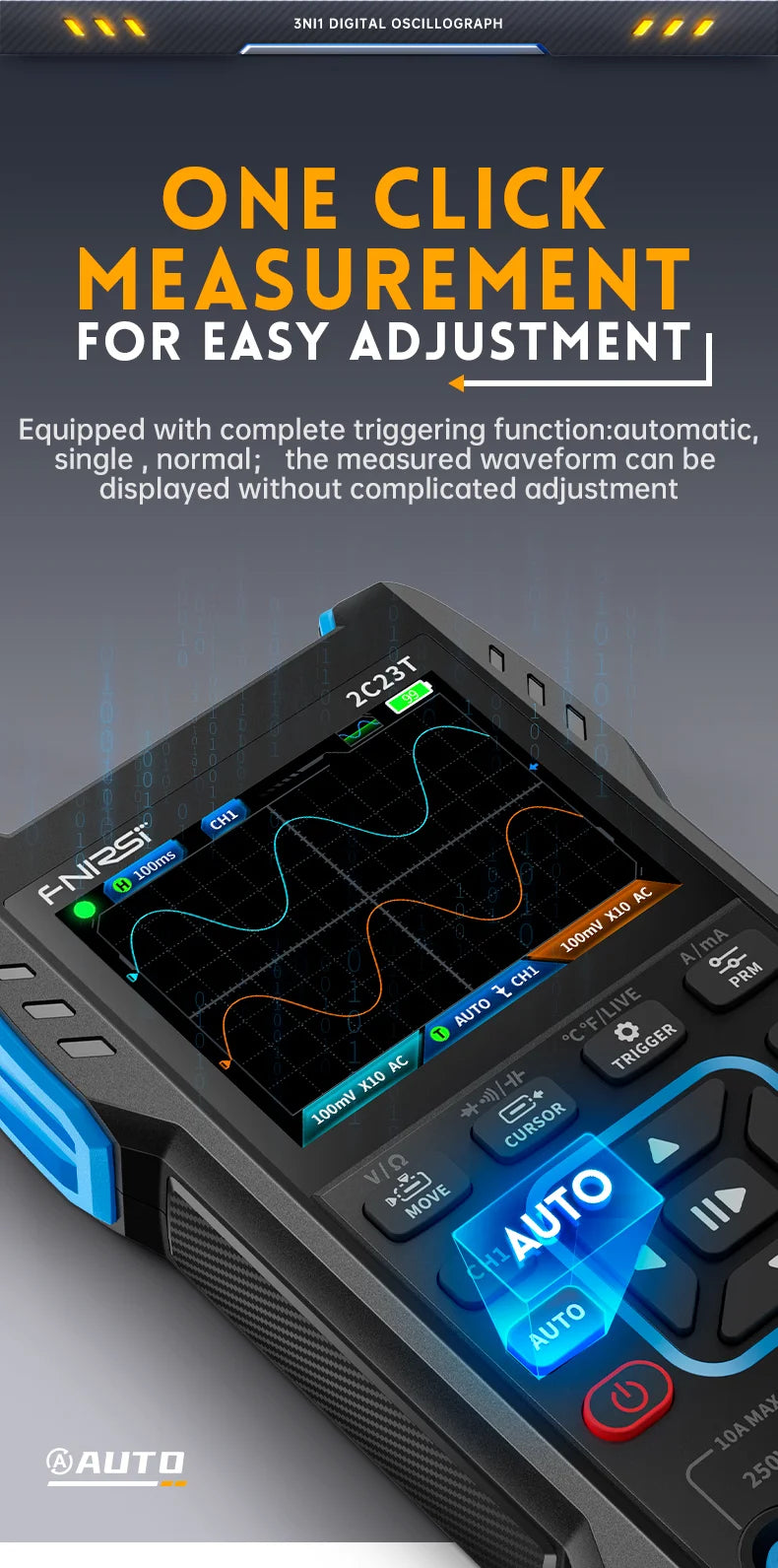 FNIRSI 2C23T 3IN1 Dual Channel Digital Oscilloscope Multimeter + Function Signal Generator 10MHZ*2 50MS/s AC DC 1000V 10A T-RMS