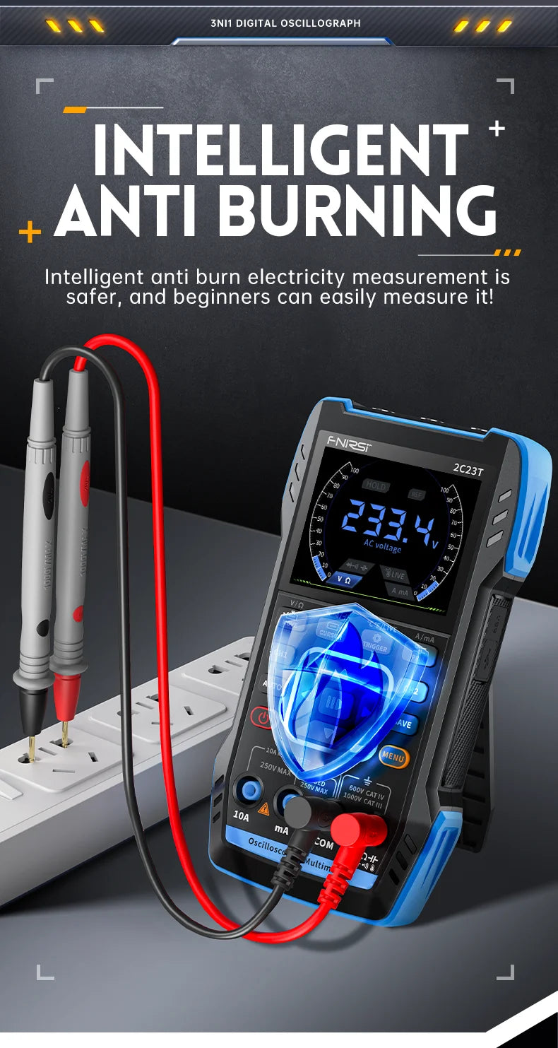 FNIRSI 2C23T 3IN1 Dual Channel Digital Oscilloscope Multimeter + Function Signal Generator 10MHZ*2 50MS/s AC DC 1000V 10A T-RMS
