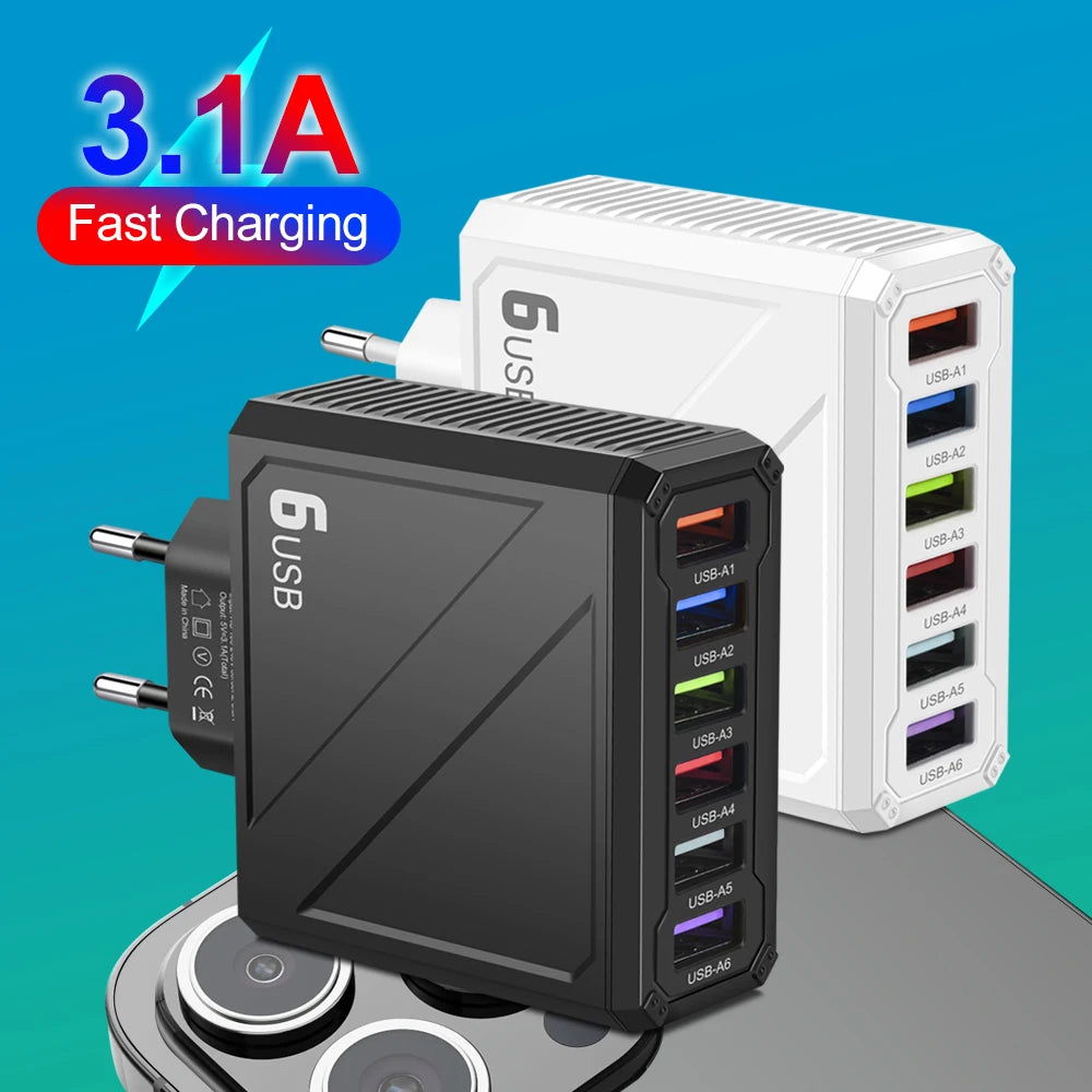 6Ports USB Charger 3.1A Fast Charging QC3.0 Travel Charger For iPhone 15 14 Samsung Xiaomi Mobile Phone Adapter EU US UK KR Plug