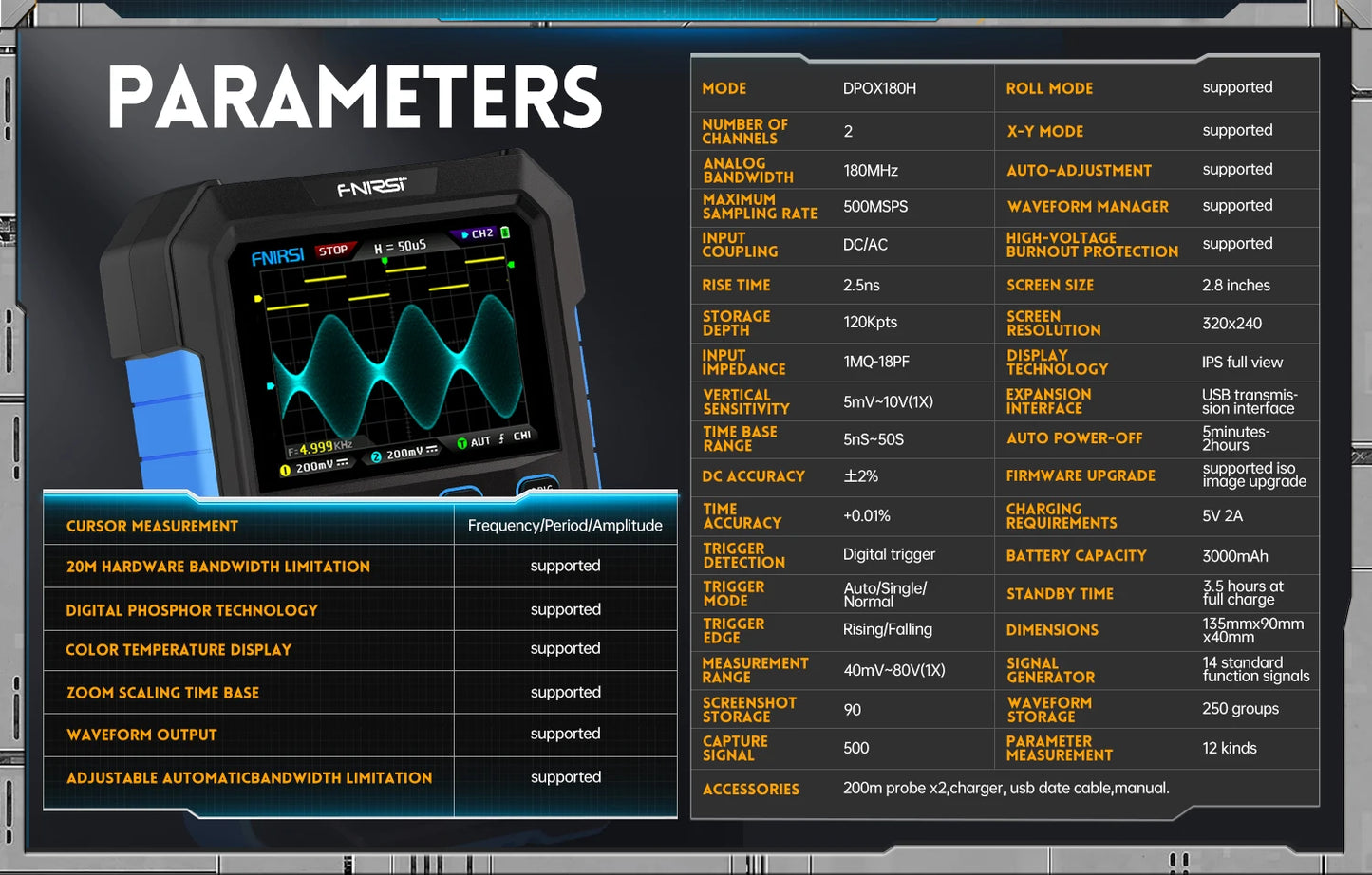 FNIRSI DPOX180H Handheld Dual Channel Digital Oscilloscope 180MHz-3DB 2 In 1 Function Signal Generator Fluorescence Display ZOOM