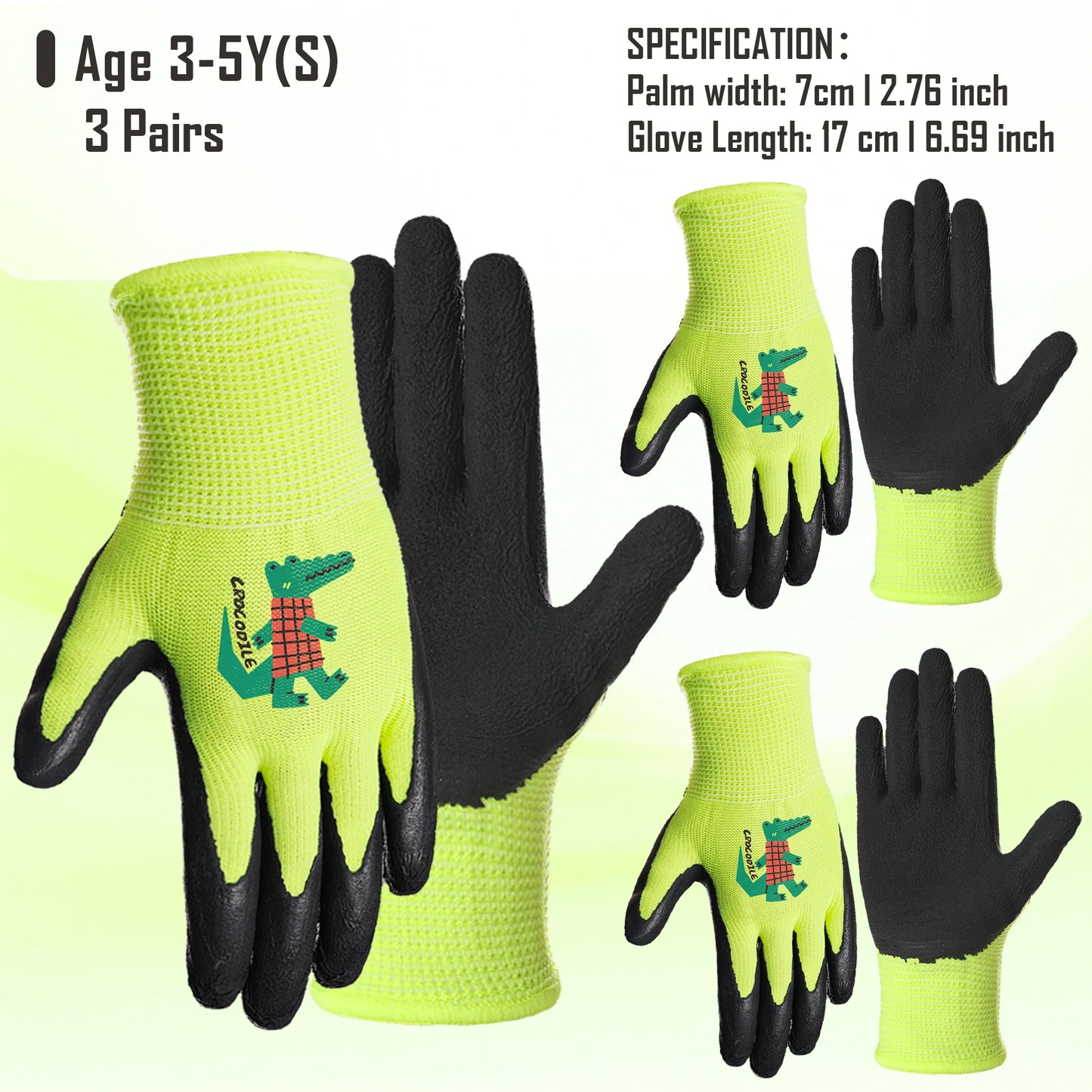 3 Pairs Kids' Gloves Latex Gloves in Various Colors and Cute Patterns for Outdoor Gardening Activities