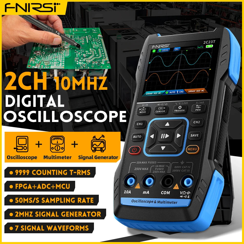FNIRSI 2C23T Handheld Digital Oscilloscope Multimeter + Function Signal Generator  2023 Latest 3IN1 Dual Channel 10MHZ*2 50MS/s