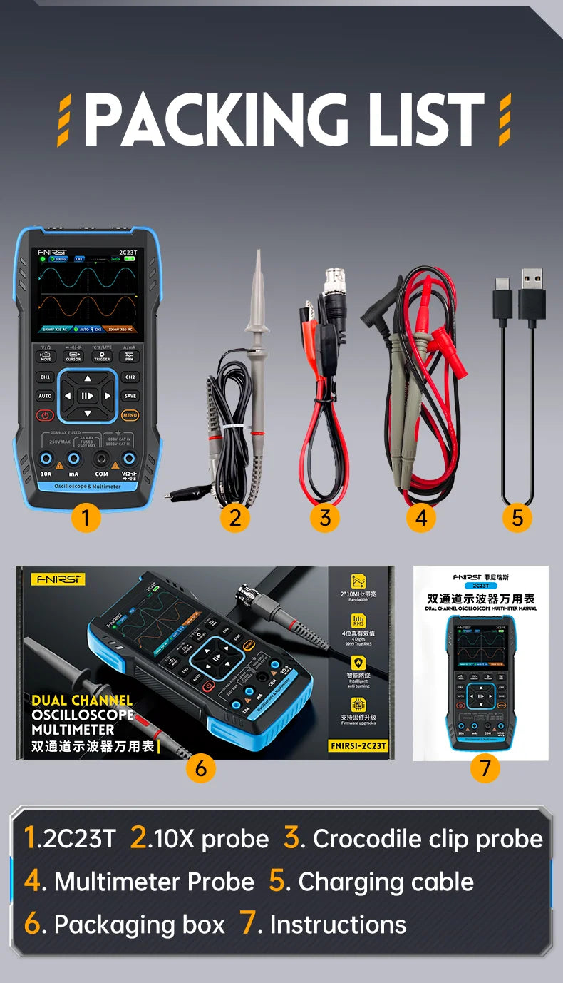FNIRSI 2C23T Digital Multimeter Handheld Oscilloscope 10MHZ*2+ Function Signal Generator 9999 Count Smart Professional Tester