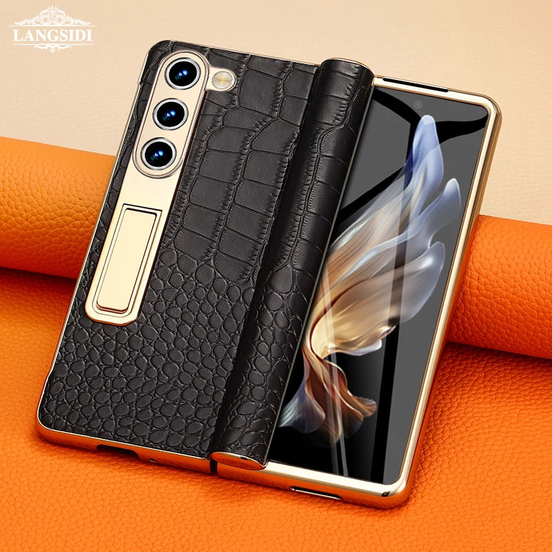 LANGSIDI Leather Case for Samsung Galaxy Z Fold 7 6 5 4 3 Fold6 Fold7 Gold Plating Magnetic Hinge Stand Cover with Mirror Film