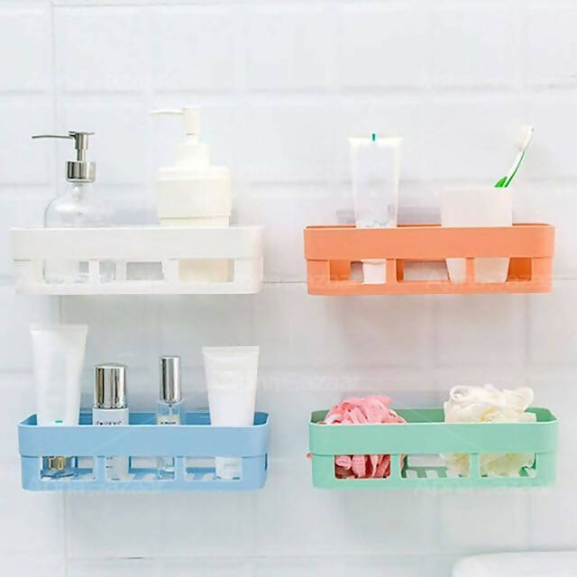 Simple Adhesive Plastic Bathroom Shelf, Easy Install, No Drill, Quick Drain, Space-Saving Organizer