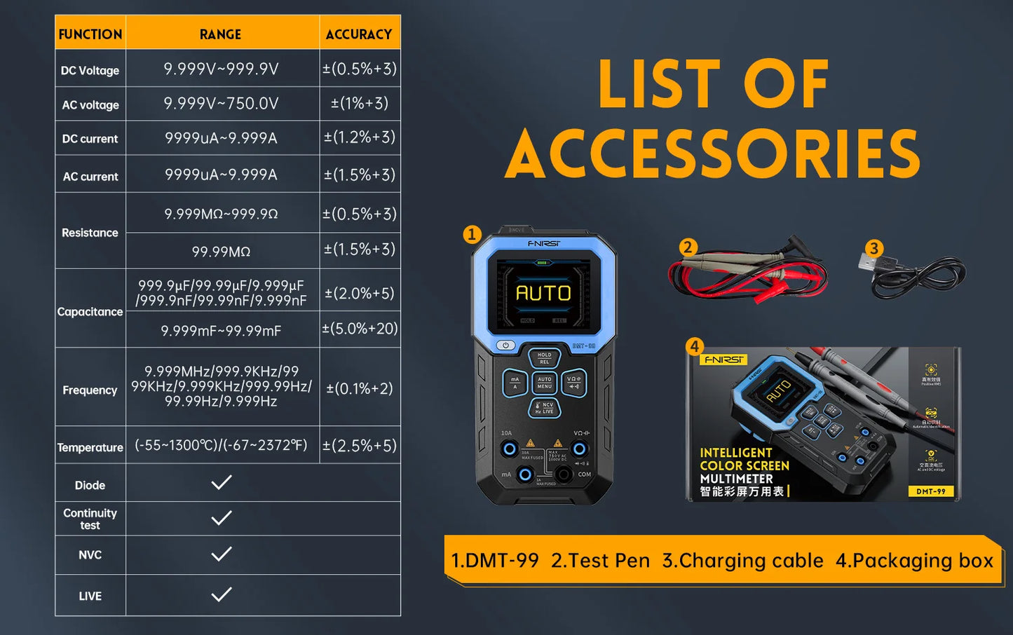 FNIRSI DMT-99 Digital DMM 9999 Counts Smart Professional Tester 1000V 10A True RMS Auto Range AC DC Ohm Hz Capacitance