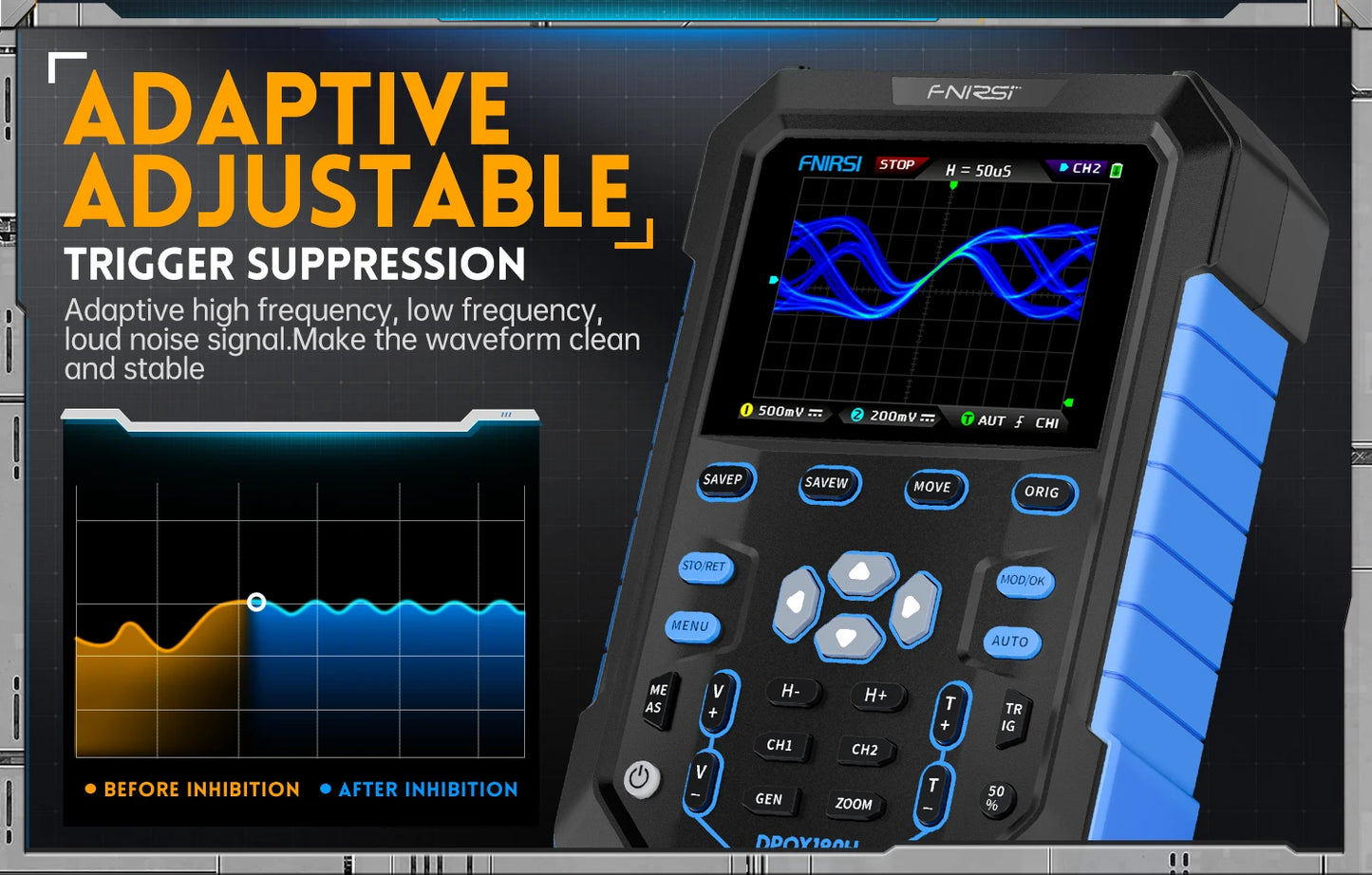 FNIRSI DPOX180H Handheld Dual Channel Digital Oscilloscope 180MHz-3DB 2 In 1 Function Signal Generator Fluorescence Display ZOOM