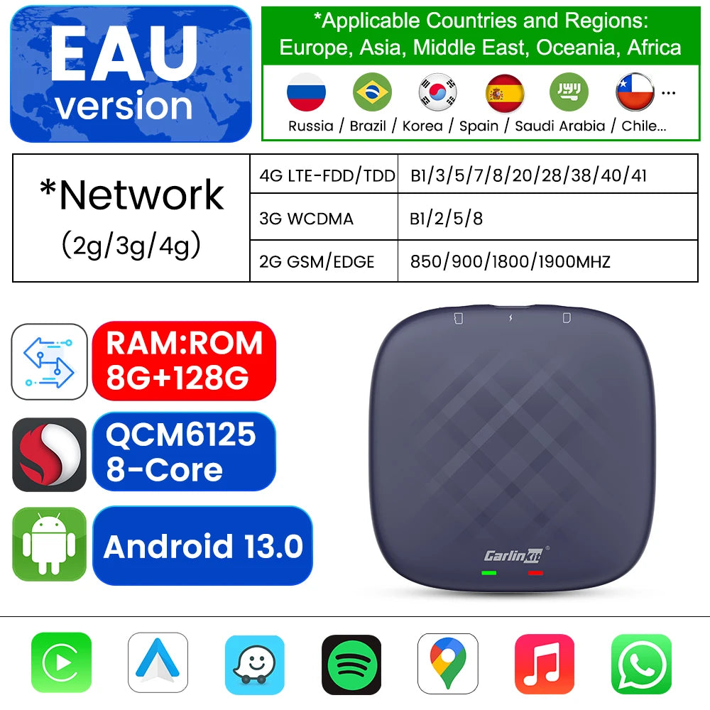 CarlinKit Wireless CarPlay Ai Box Android 13 Plus QCM6125 665 4GLTE for TV or Video Android Auto Car Play Streaming Box 8G+128G