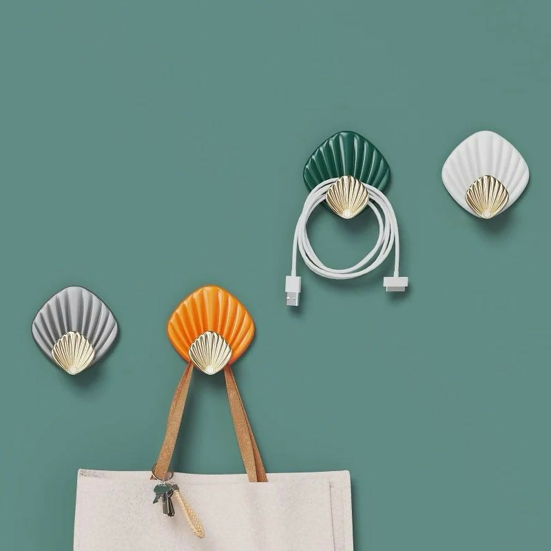 4pcs Creative Shell Shape Wall Hanging Hook Punch-free Strong Adhesive Hook Bathroom Kitchen Wall-mounted Seamless Sticky Hook