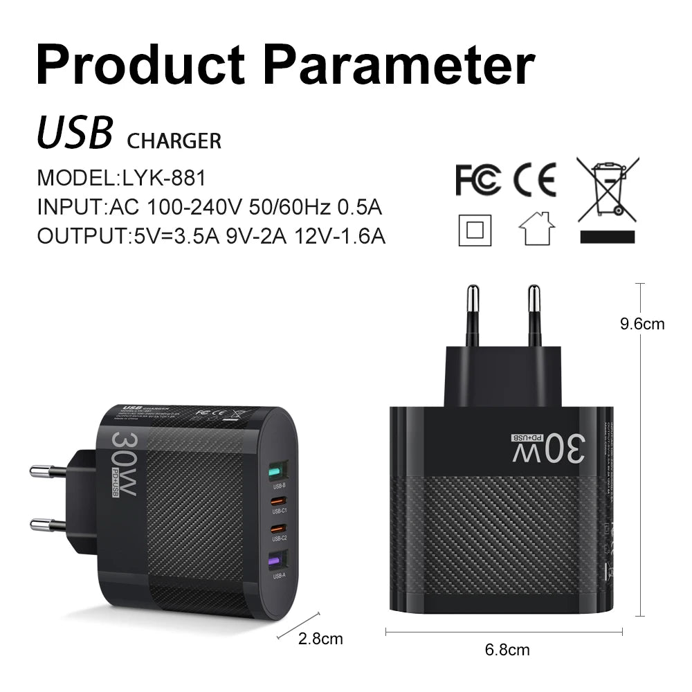 30W USB Charger PD Charging Adapter 4Ports Fast Charging For Xiaomi iPhone Samsung Mobile Phone Plug Charging QC3.0 Wall Charger