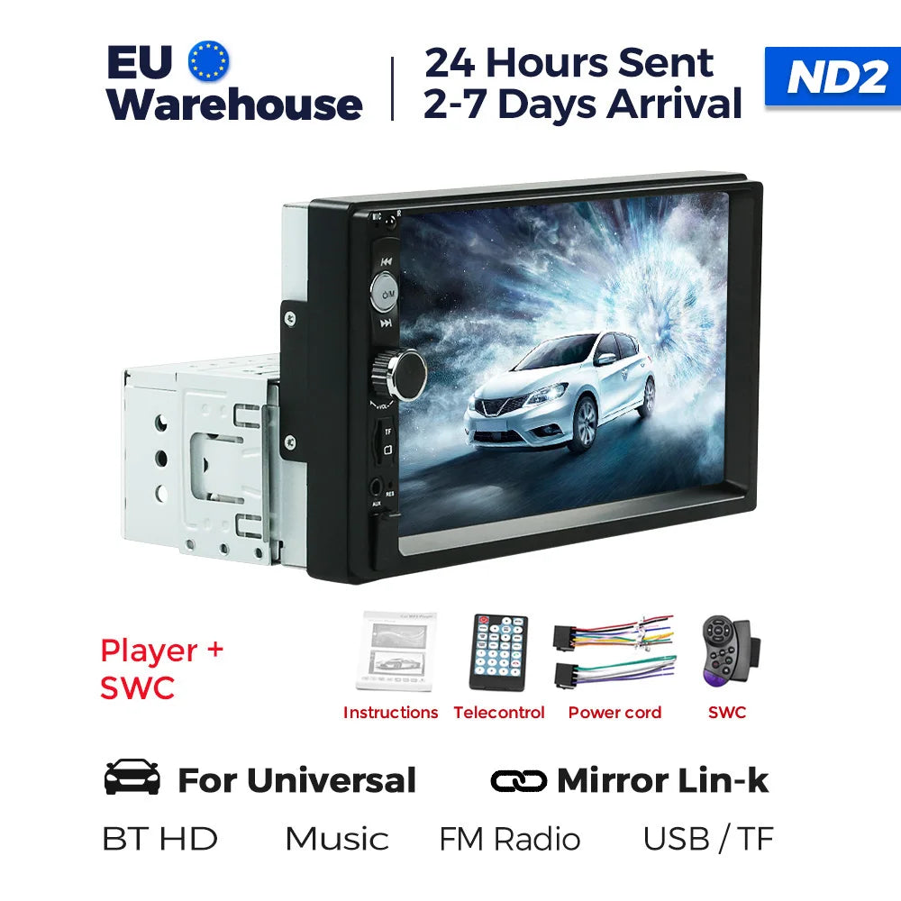Universal 7 inch 1 Din Car Radio Stereo MP3 MP5 Multimedia Player Support SWC/AUX/BT/SD/USB/Mirrorlink/FM/RCA/HD Video/U disk