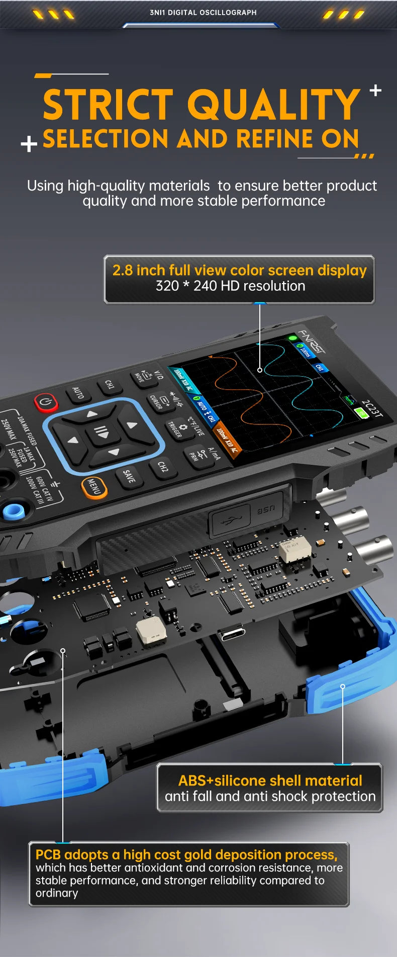 FNIRSI 2C23T 3IN1 Dual Channel Digital Oscilloscope Multimeter + Function Signal Generator 10MHZ*2 50MS/s AC DC 1000V 10A T-RMS