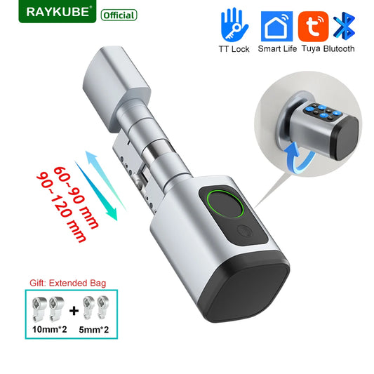 RAYKUBE V1 Adjustable TT Lock/ Tuya Bluetooth Smart Fingerprint Digital Cylinder Lock with APP/Password/RFID Card/Key  unlock