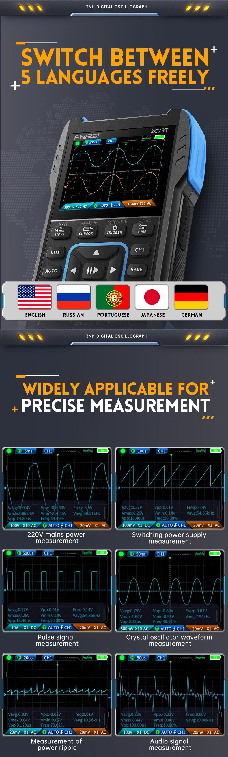 FNIRSI 2C23T 3IN1 Dual Channel Digital Oscilloscope Multimeter + Function Signal Generator 10MHZ*2 50MS/s AC DC 1000V 10A T-RMS