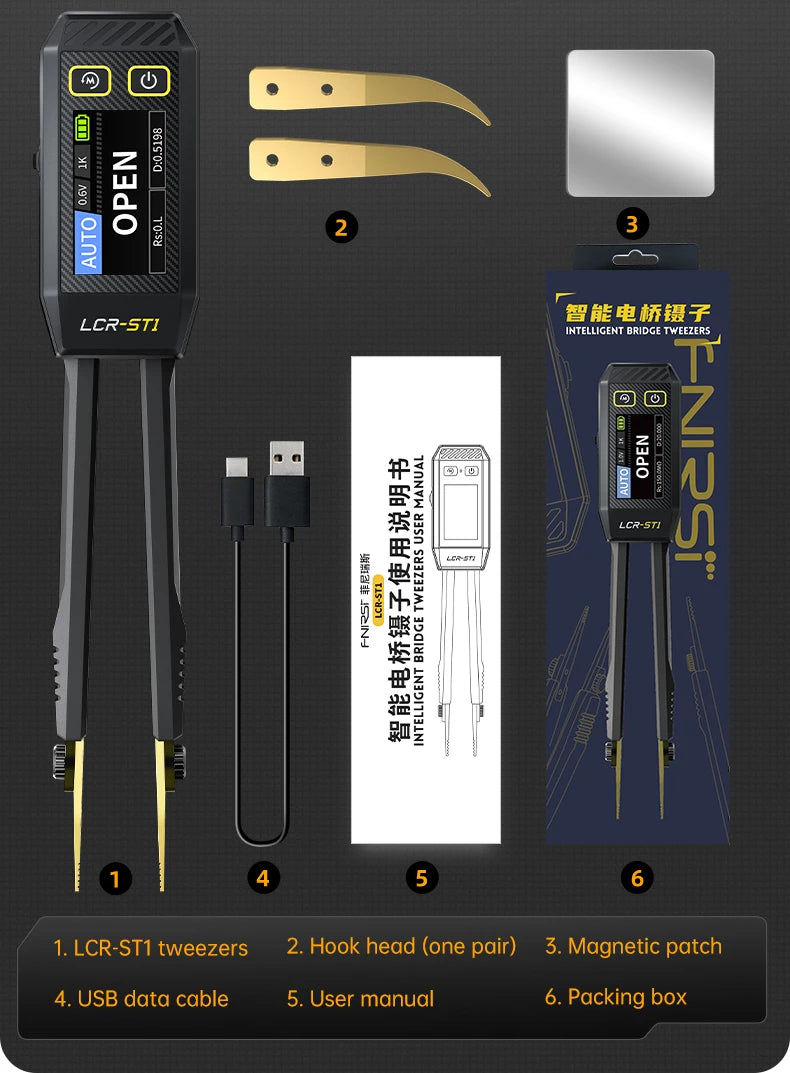 FNIRSI LCR-ST1 Mini Smart Tweezer LCR SMD ESR Tester Resistance Capacitance Inductance Continuity Diode Test Measurement Tools