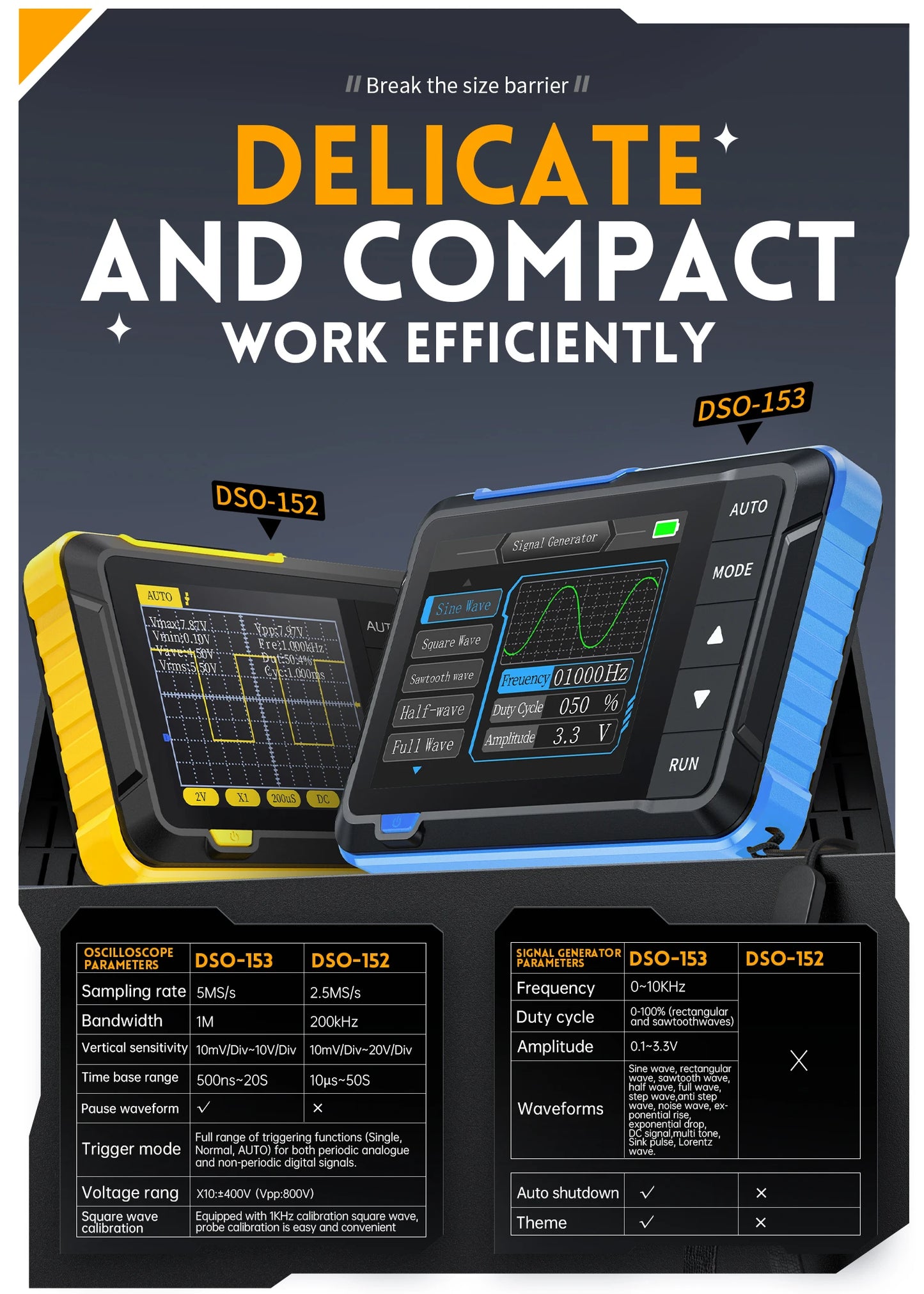 DSO153 Mini Handheld Digital Portable Signal Source 2-In-1 1MHz Bandwidth 5MSa/s Sampling Rate Electronics Repair Tools
