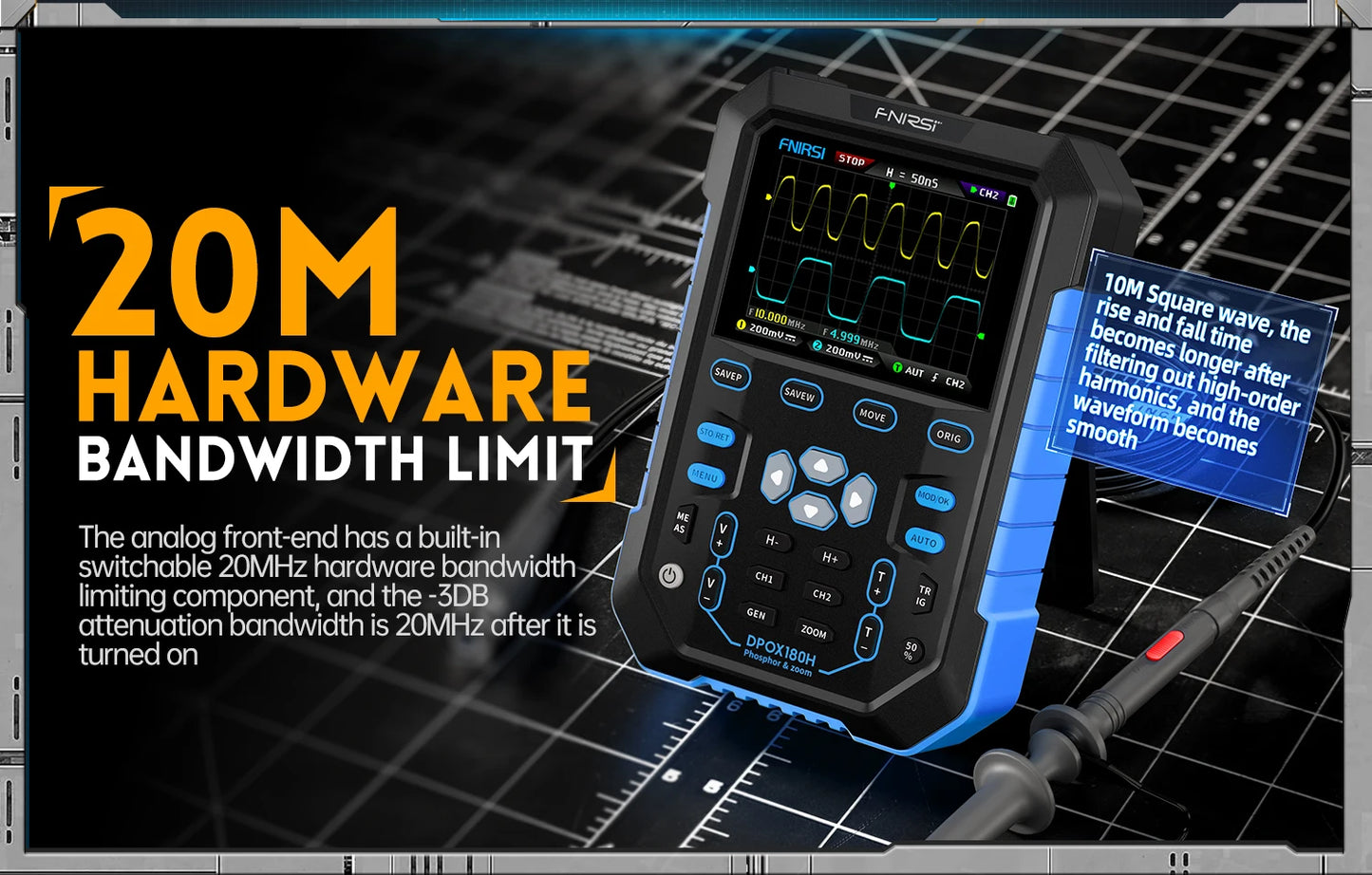 FNIRSI DPOX180H Handheld Dual Channel Digital Oscilloscope 180MHz-3DB 2 In 1 Function Signal Generator Fluorescence Display ZOOM