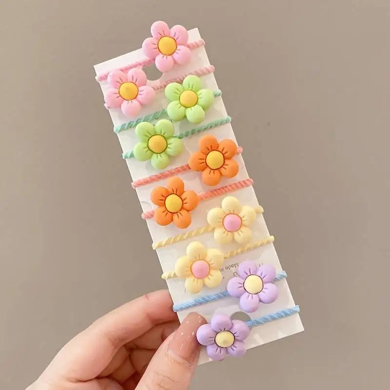 10pcs Kids Girls Tie Cute Flowers Decor Rubber Bands Hair Rope  Accessories