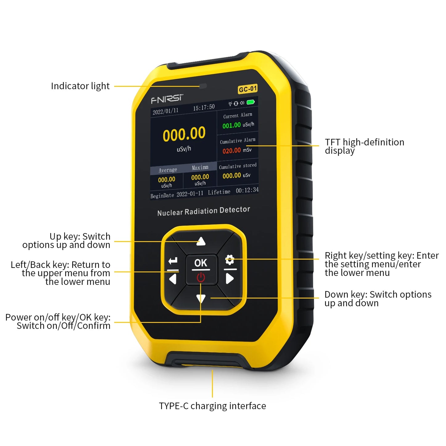 FNIRSI GC-01 Geiger Counter Nuclear Radiation Detector Personal Dosimeter X-ray γ-ray β-ray Radioactivity Tester Marble Detector