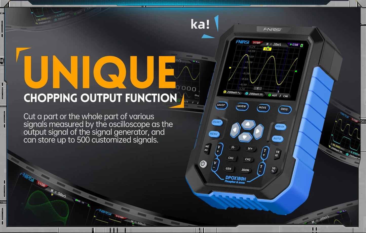FNIRSI DPOX180H Handheld Dual Channel Digital Oscilloscope 180MHz-3DB 2 In 1 Function Signal Generator Fluorescence Display ZOOM