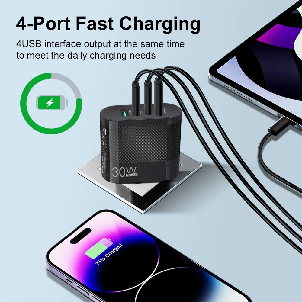 30W USB Charger PD Charging Adapter 4Ports Fast Charging For Xiaomi iPhone Samsung Mobile Phone Plug Charging QC3.0 Wall Charger