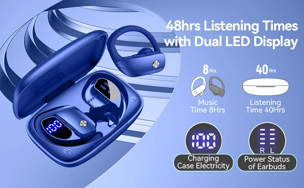 Wireless Earbuds Bluetooth Headphones 48hrs Play Back Sport Earphones with LED Display Over-Ear Buds Headset for Workout Blue