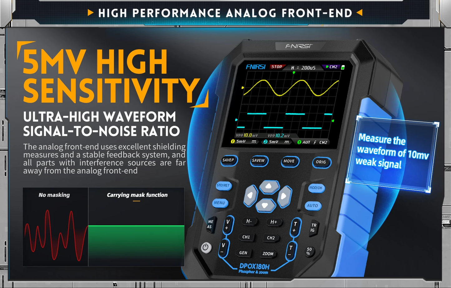 FNIRSI DPOX180H Handheld Dual Channel Digital Oscilloscope 180MHz-3DB 2 In 1 Function Signal Generator Fluorescence Display ZOOM