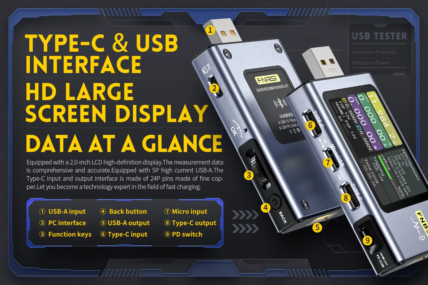 FNIRSI-FNB58 Digital Voltmeter Ammeter USB Tester TYPE-C Fast Charge Detection Trigger Capacity Measurement Ripple Measurement