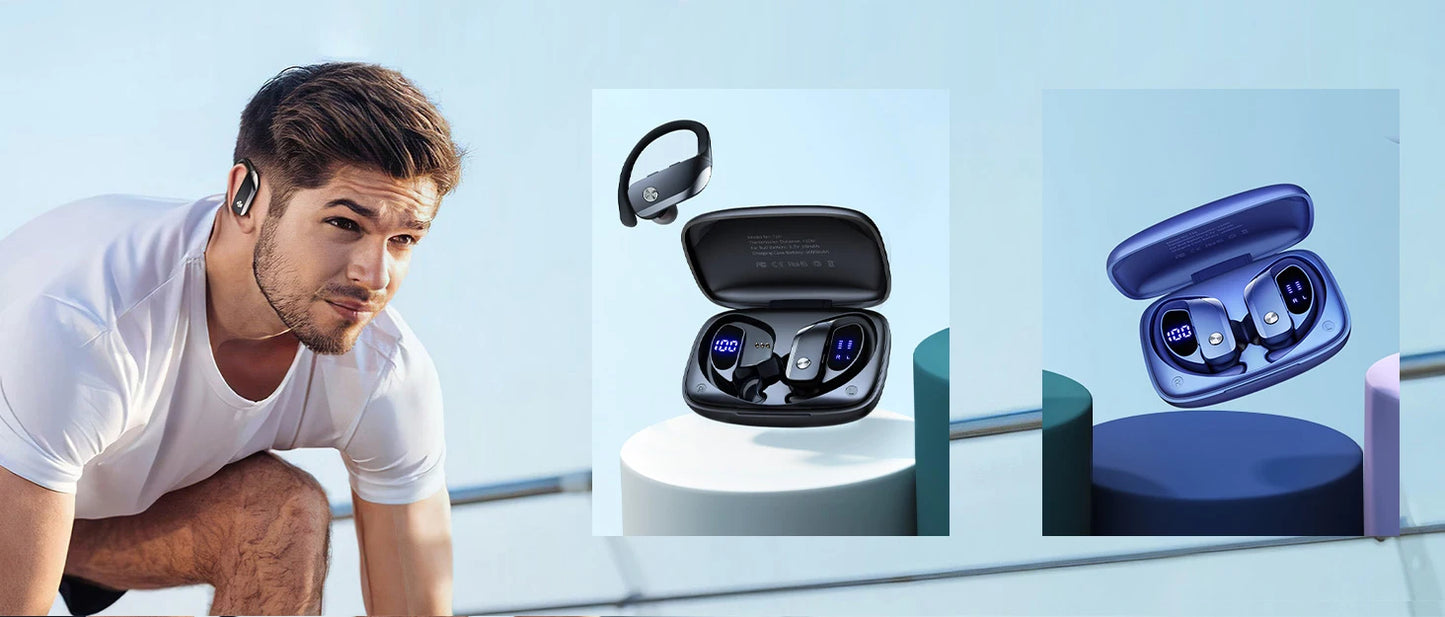 Wireless Earbuds Bluetooth Headphones 48hrs Play Back Sport Earphones with LED Display Over-Ear Buds Headset for Workout Blue