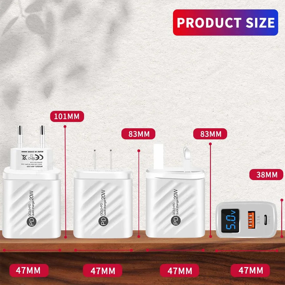 20W USB Charger Fast Charging 2 Ports Type C Phone Charger Adapter For iPhone Samsung Xiaomi Digital Display USB C Wall Charger