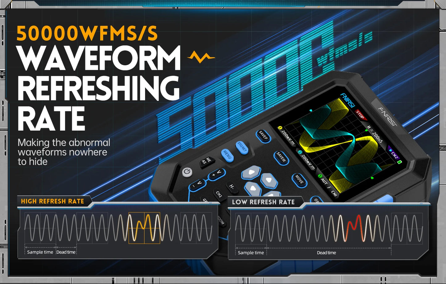 FNIRSI DPOX180H Handheld Dual Channel Digital Oscilloscope 180MHz-3DB 2 In 1 Function Signal Generator Fluorescence Display ZOOM