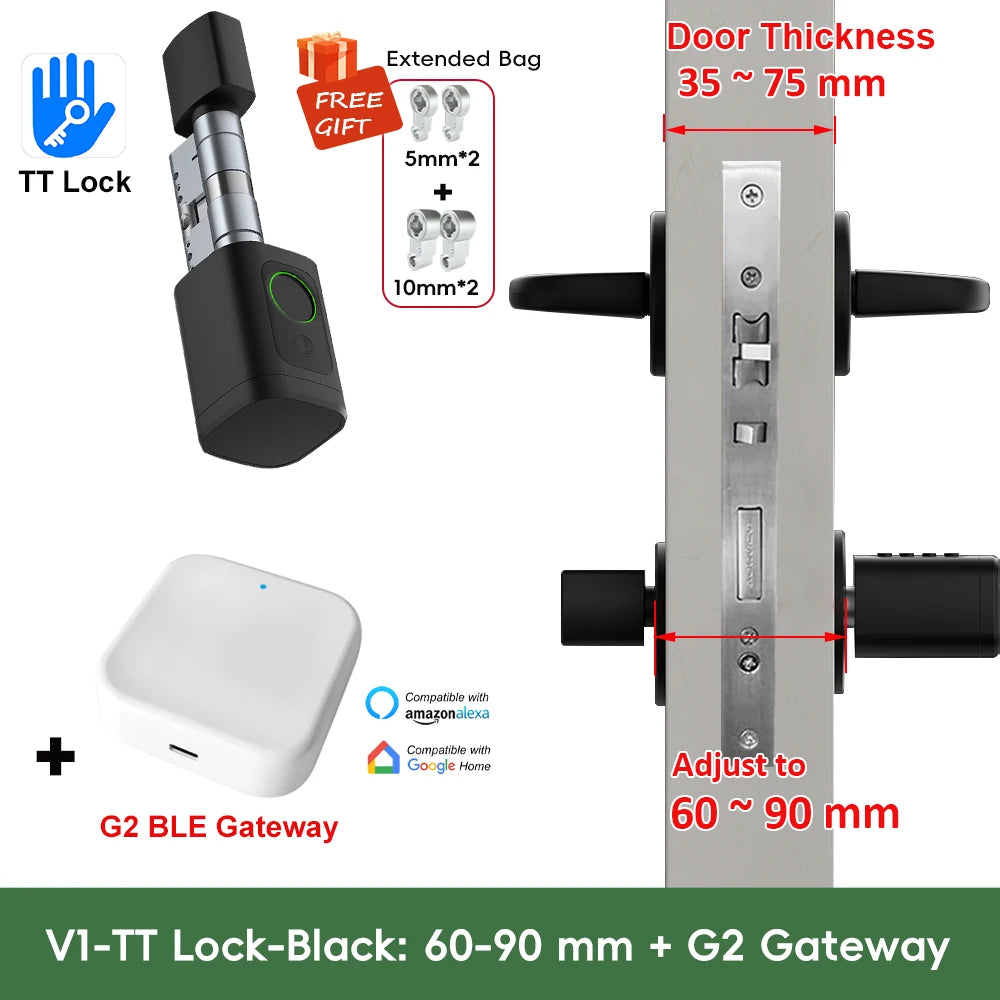 RAYKUBE V1 Adjustable TT Lock/ Tuya Bluetooth Smart Fingerprint Digital Cylinder Lock with APP/Password/RFID Card/Key  unlock