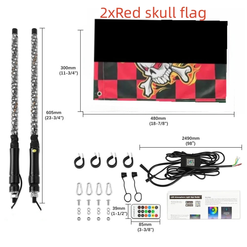 2FT LED Whip Lights Lighted Antenna Whips For ATV UTV Polaris RZR Off Road Truck Sand Buggy Dune Flagpole Lamp