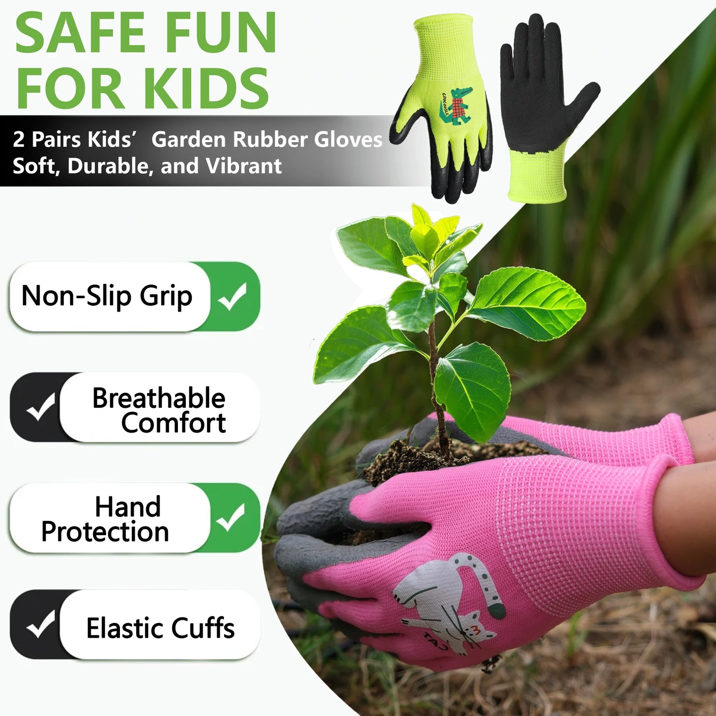 3 Pairs Kids' Gloves Latex Gloves in Various Colors and Cute Patterns for Outdoor Gardening Activities