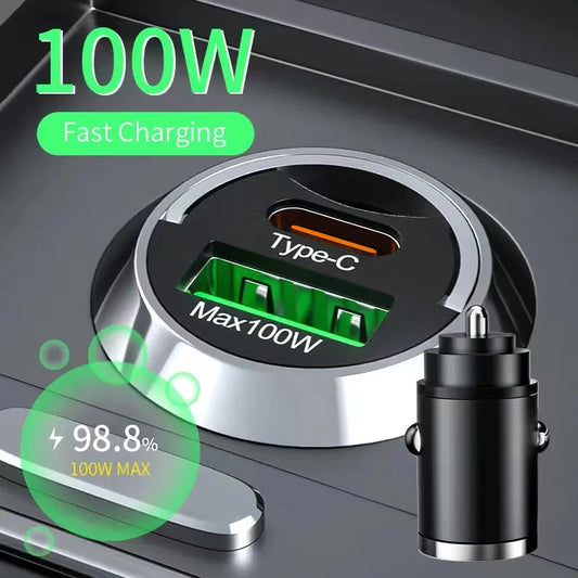 Mini 100W PD QC3.0 Car Charger Pull Ring Fast Charging For iPhone 15 14 USBC Car Phone Charger Adapter For Xiaomi Samsung Huawei