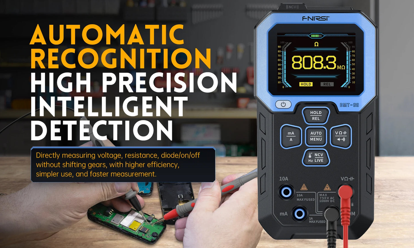 FNIRSI DMT-99 Digital DMM 9999 Counts Smart Professional Tester 1000V 10A True RMS Auto Range AC DC Ohm Hz Capacitance