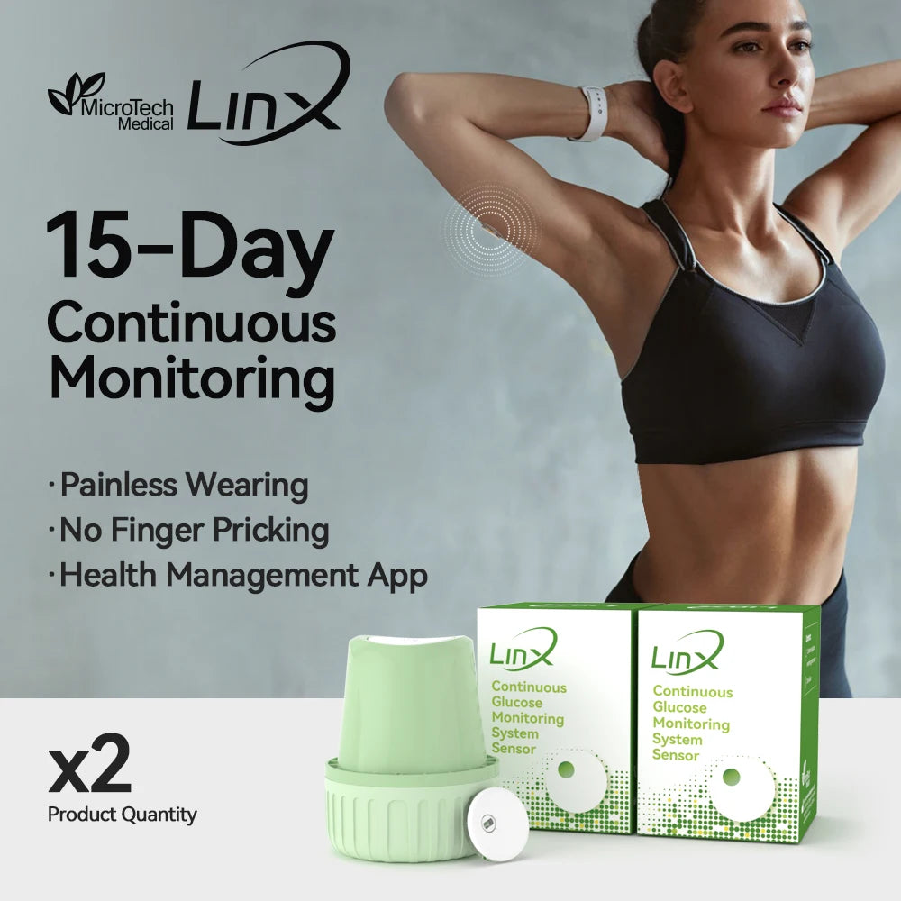 2PCS Microtech LinX Continuous Glucose Monitor System CGM 24H Real-Time Blood Sugar Tracking Sensor for Diabetes Management