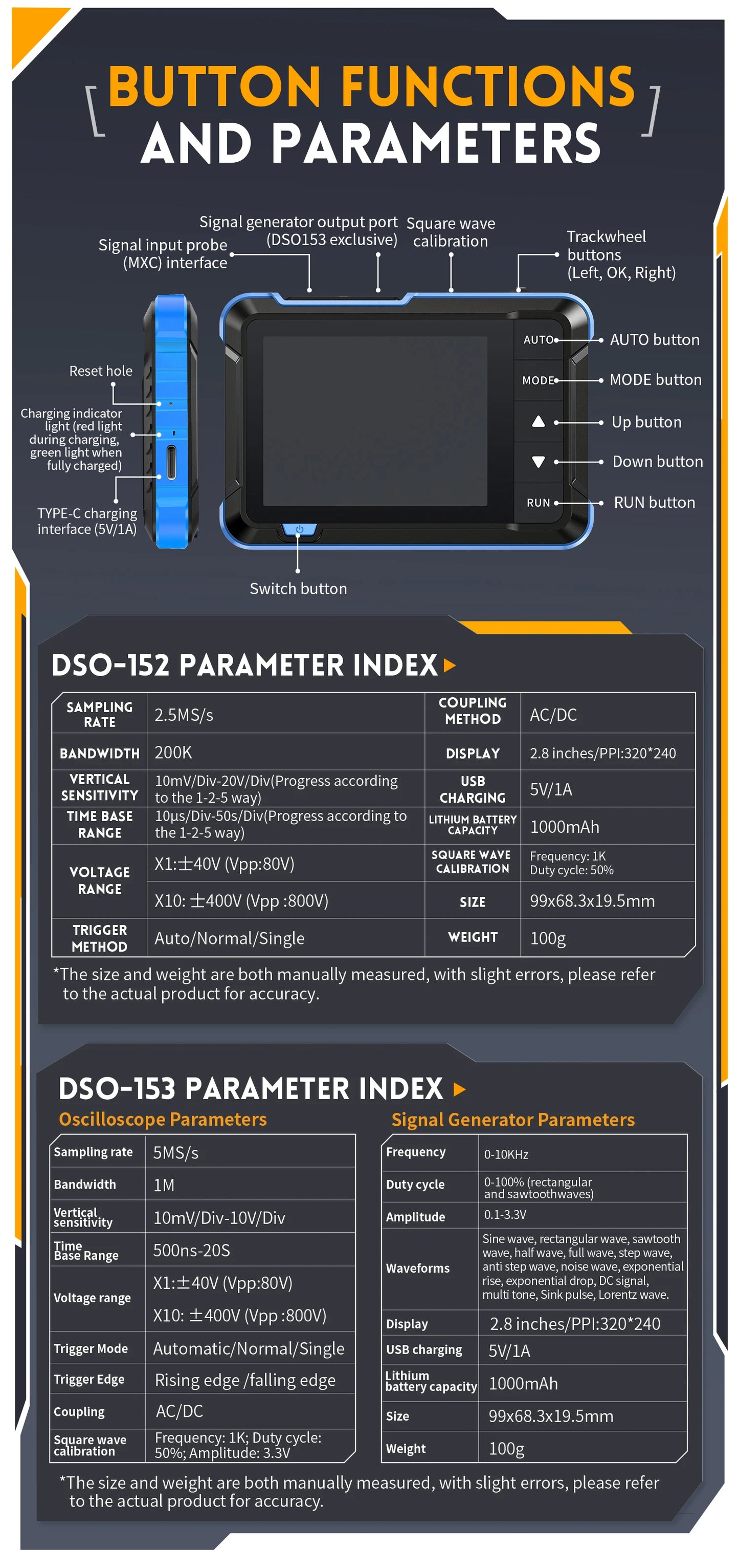 FNIRSI DSO152 DSO153 New Mini Handheld Digital Oscilloscope Portable 2.5MSa/s 200KHz Analog Bandwidth 800 VPP with PWM Output