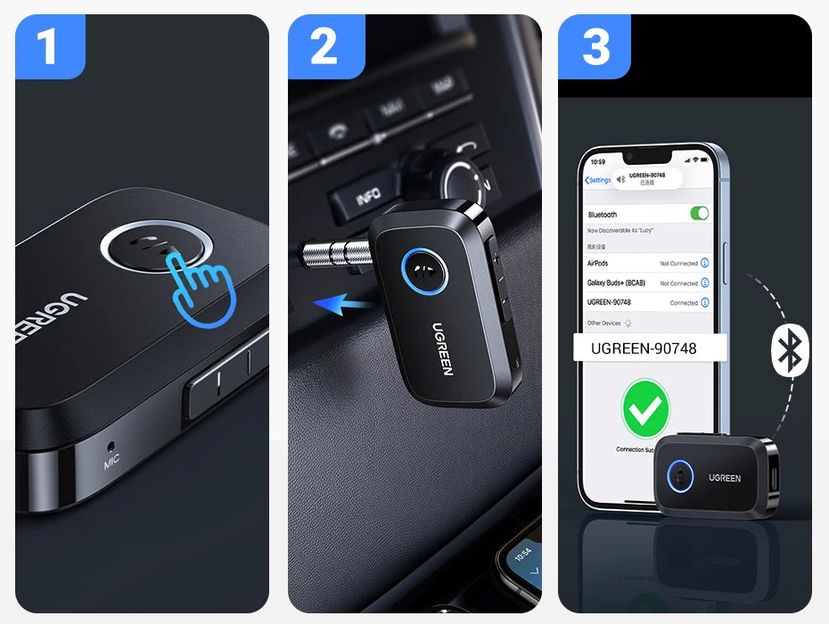 UGREEN Bluetooth Car Receiver Adapter 3.5mm AUX Jacks for Car Speakers Audio Music Receiver Hands Free Bluetooth 5.3 Adapter