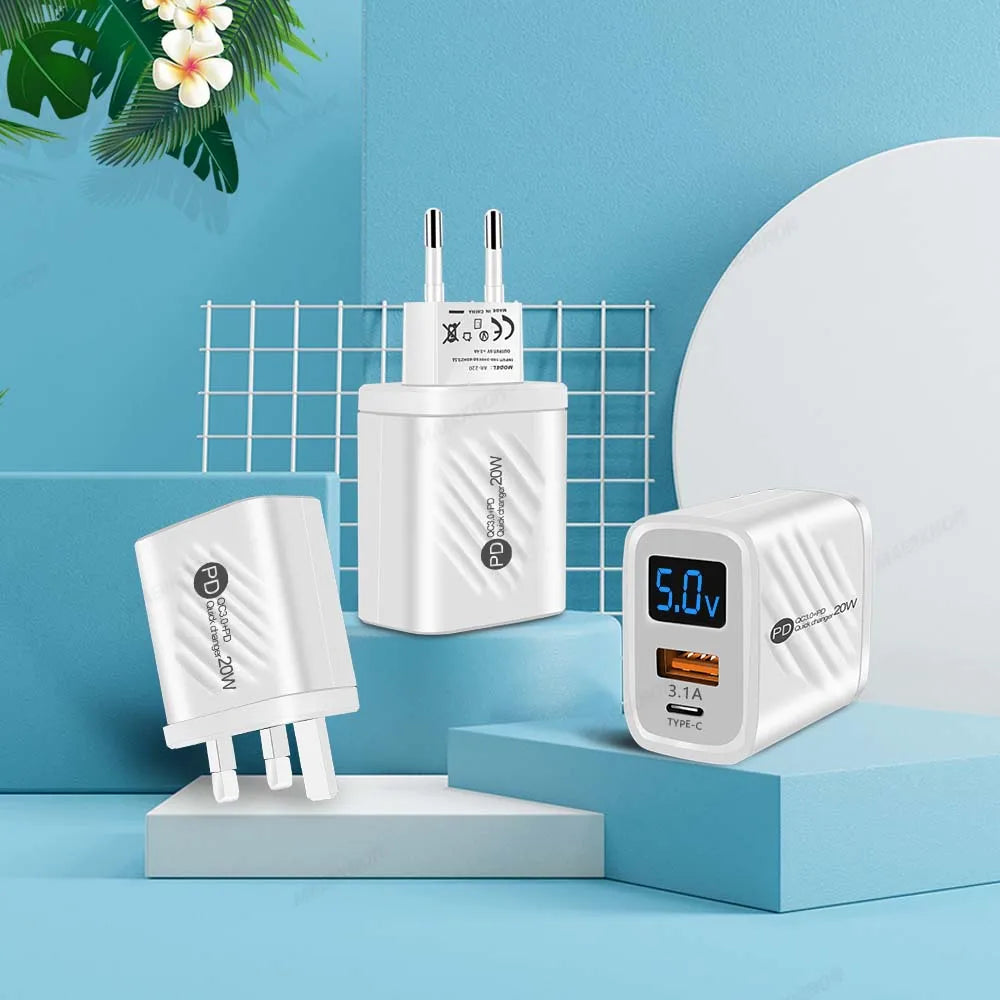 20W USB Charger Fast Charging 2 Ports Type C Phone Charger Adapter For iPhone Samsung Xiaomi Digital Display USB C Wall Charger
