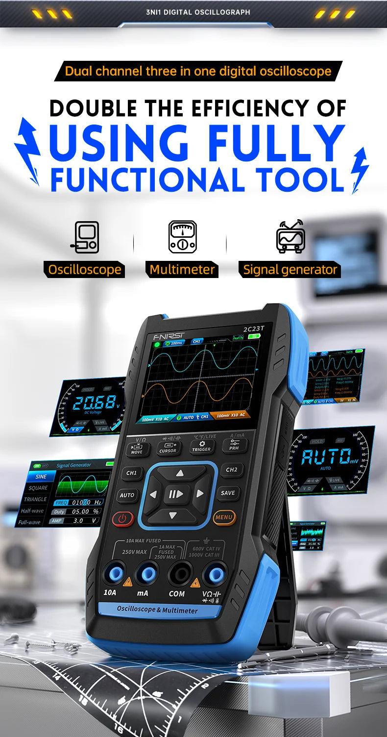 FNIRSI 2C23T 3IN1 Dual Channel Digital Oscilloscope Multimeter + Function Signal Generator 10MHZ*2 50MS/s AC DC 1000V 10A T-RMS