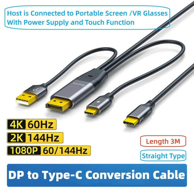 DP to Type-C Connection Cable 2K 4K1080P 60Hz/144Hz HD Converter Audio Video Cable Power Supply for Portable Screen VR Glasses