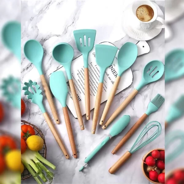 12pc Silicone Kitchen Utensils Set With Wooden Handles