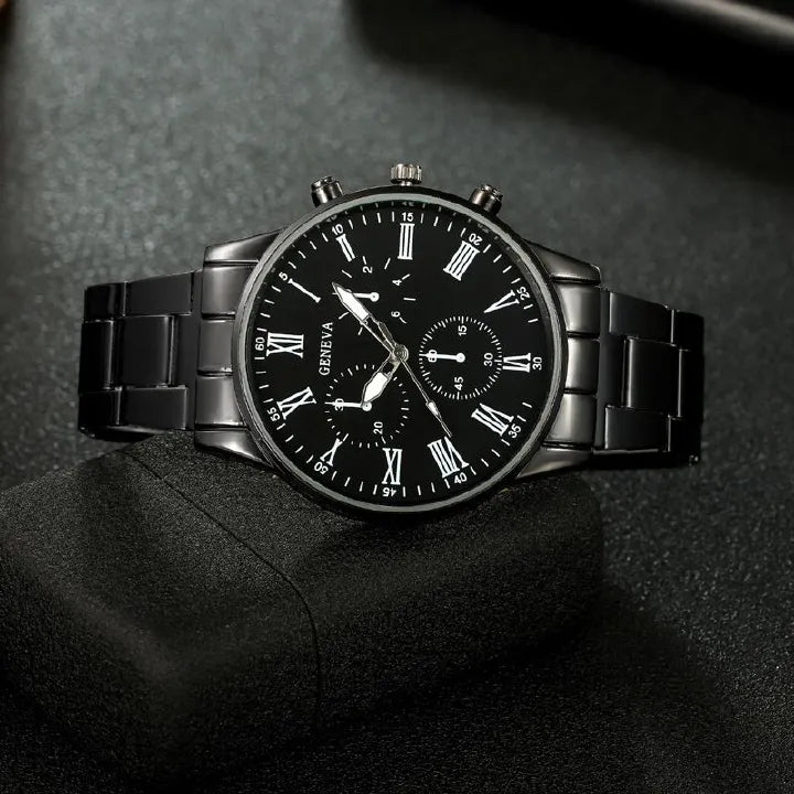 4-Piece Men's Quartz Watch Gift Set with Steel Accessories