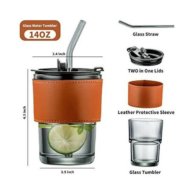 Gorgeous Slub Glass Smoothie Cup with Straw and Leather Cover(300 ml)