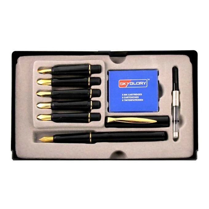 SkyGlory Hi-Quality Professional Artist Calligraphy Pen Set - 6 Nibs & 6 Ink Cartridges