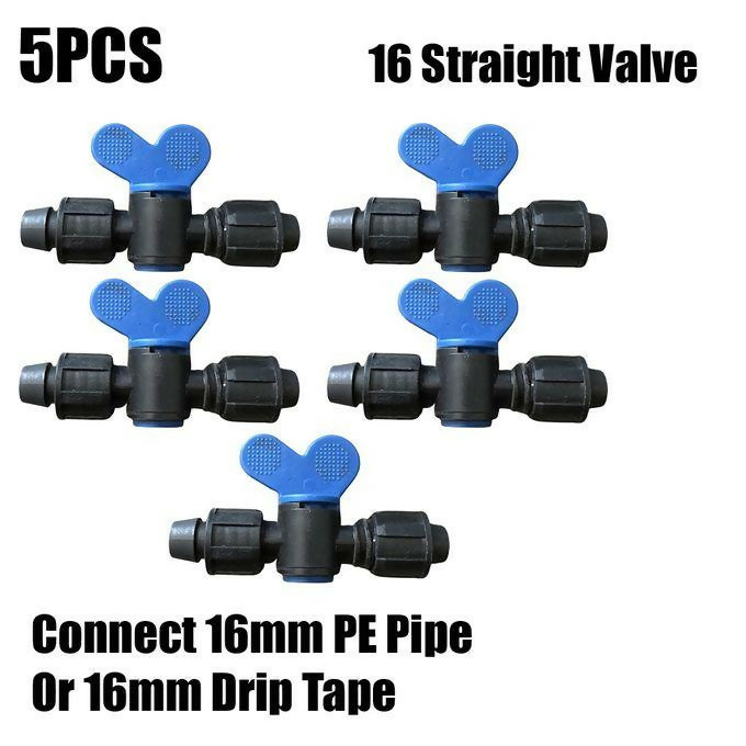 5pcs 16mm 5/8'' Straight Valve For Drip Tape Or PE Pipe Connectors Nuts Lock Joints Water Switch